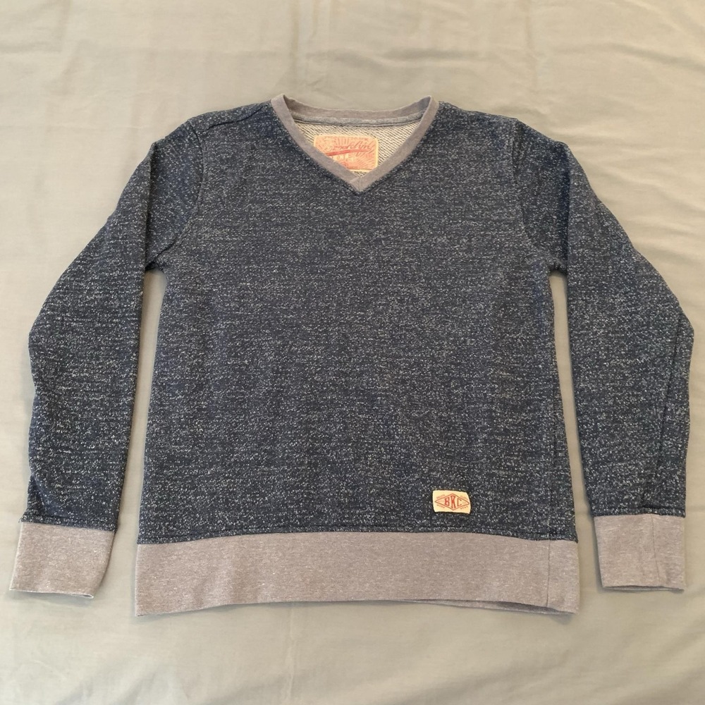 Brooklyn‎ Cloth Sweater Mens Medium Blue V Neck Knit Pullover Logo Trim Casual